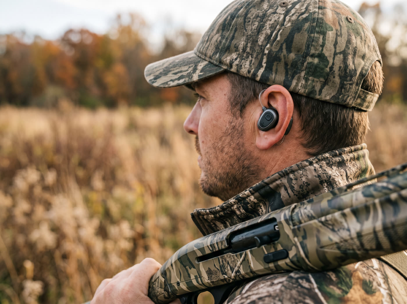 Hunter wearing electronic in-ear hearing protection in the field