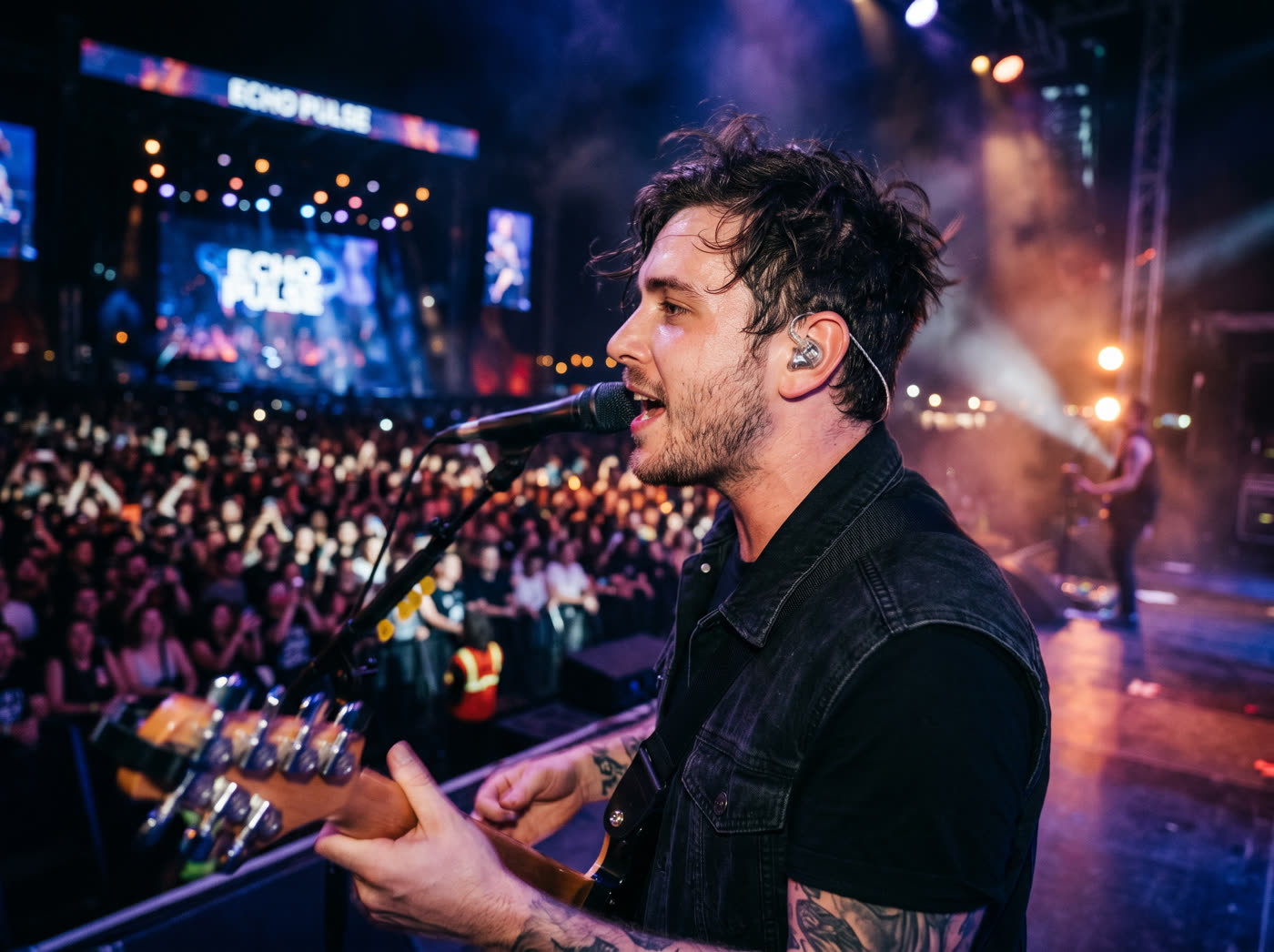 Musician on stage wearing custom in-ear musician earplugs