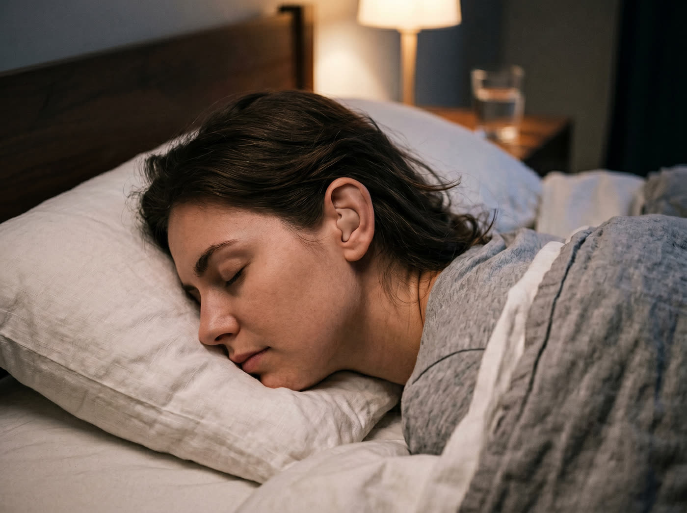 Person sleeping peacefully wearing custom-fit sleep plugs