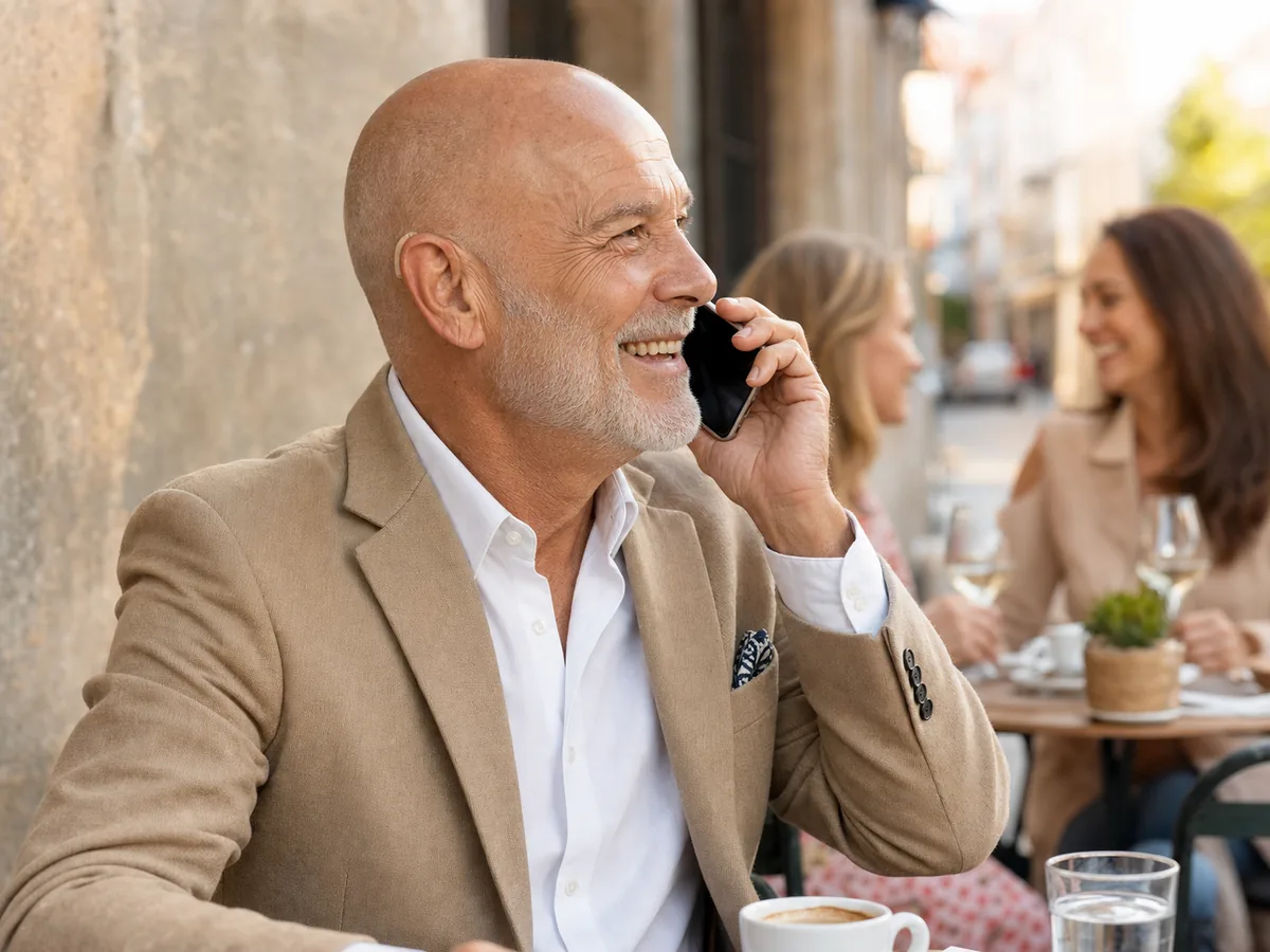 Man at a café chatting on his phone, hearing every word clearly