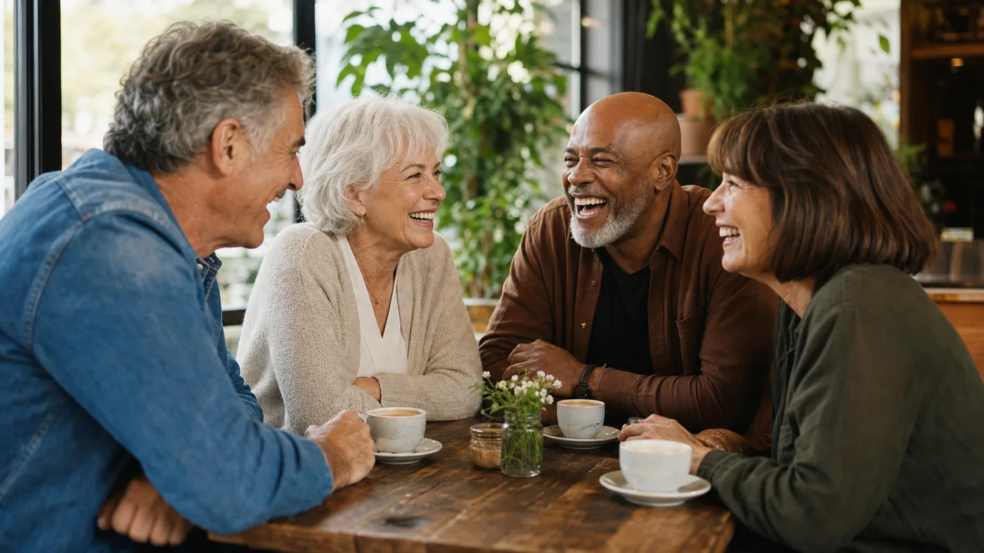 Group of friends laughing together around a café table