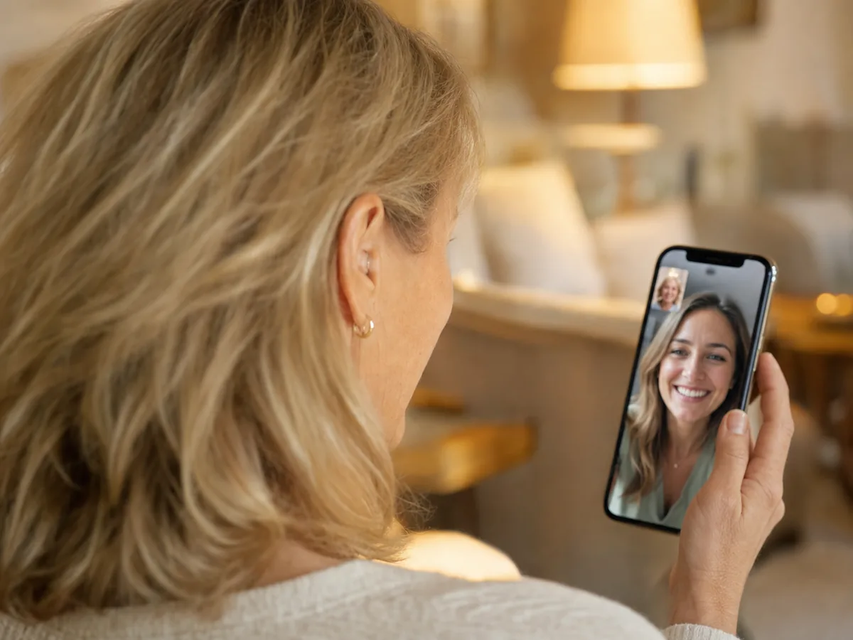 Woman on a video call with a loved one, staying connected from home