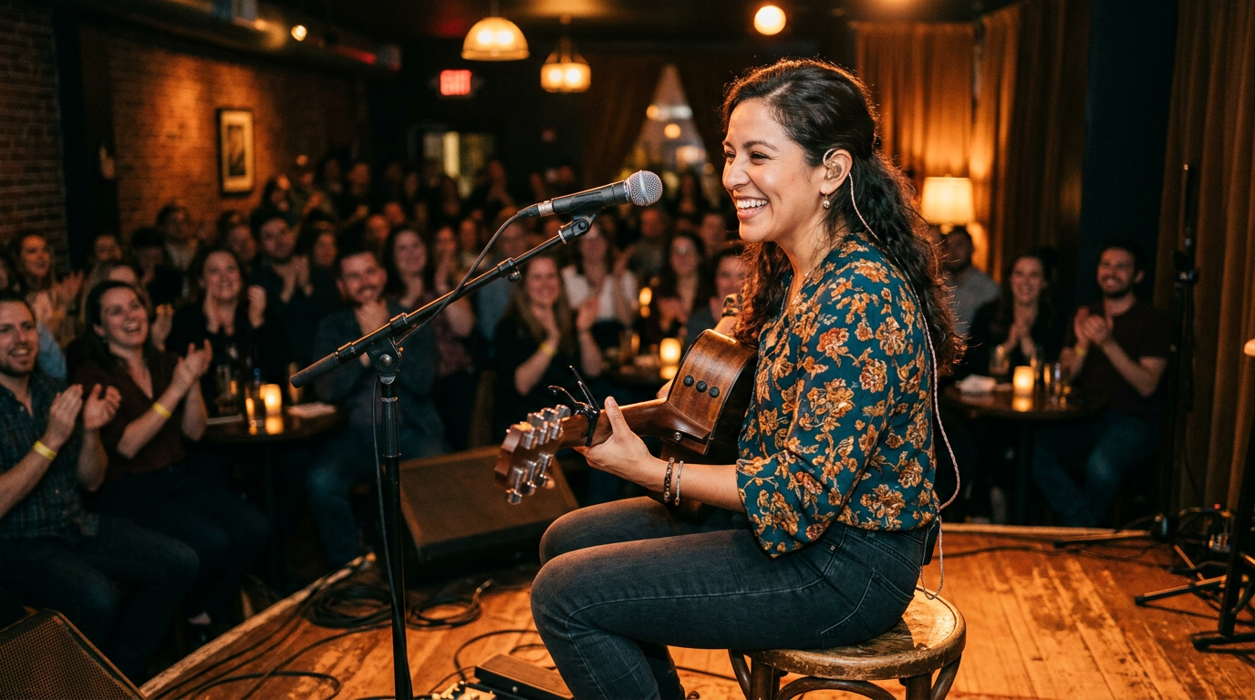 Musician performing on stage with custom in-ear monitors