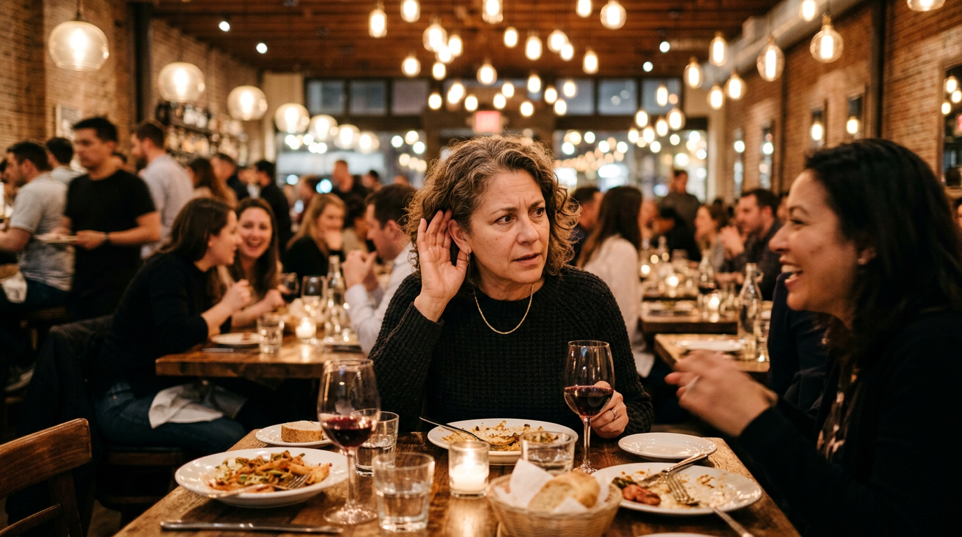 Woman struggling to follow conversation in a busy restaurant