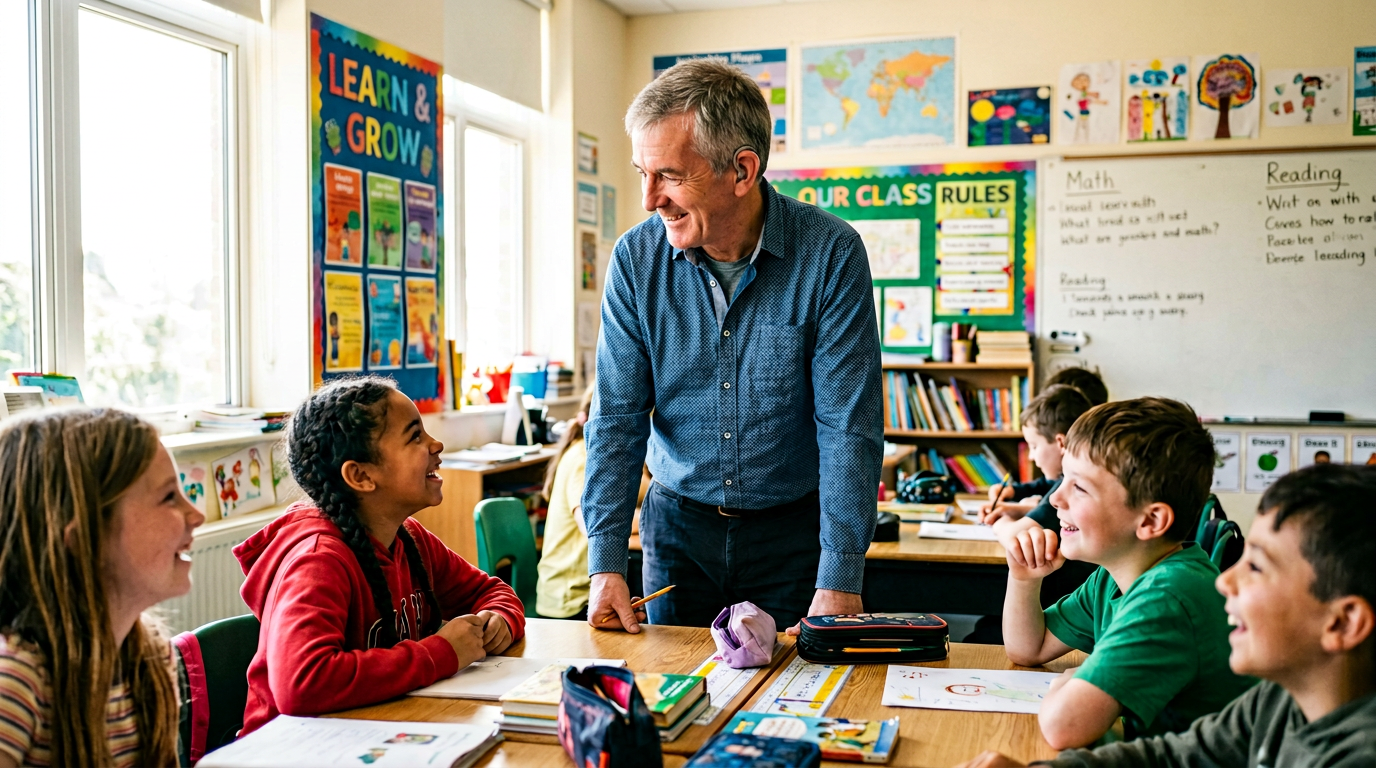 Teacher wearing modern hearing aids in a classroom